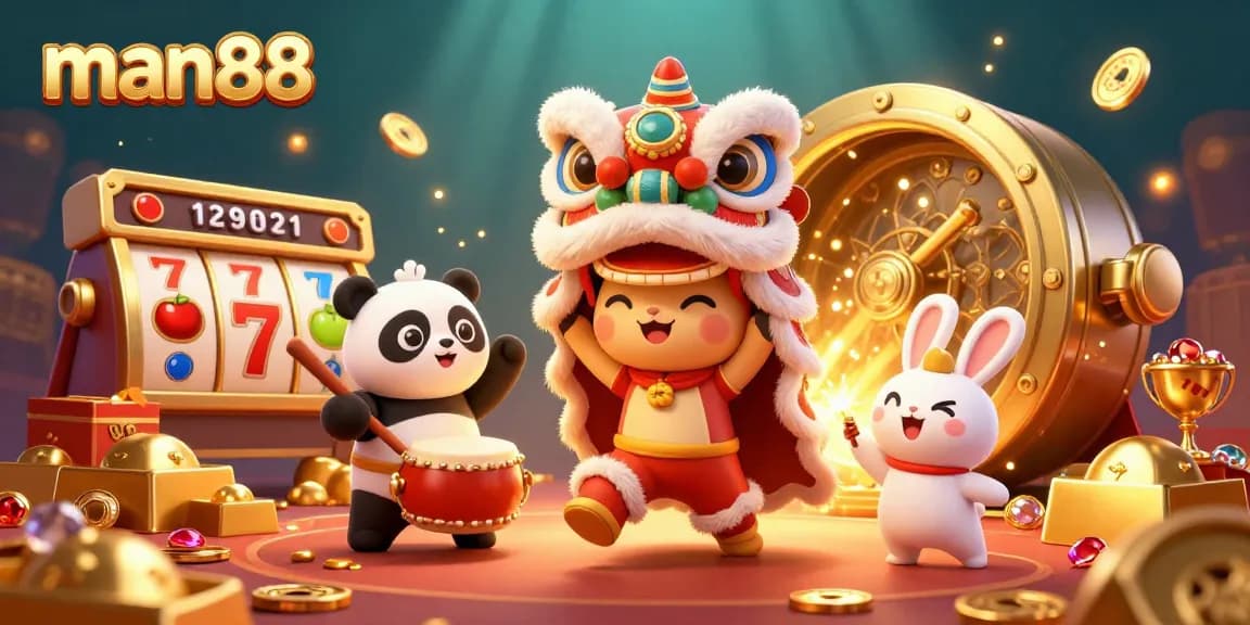 Engage with man88’s lively scene showcasing a lion dance, drumming panda, and slot elements bursting with gold.