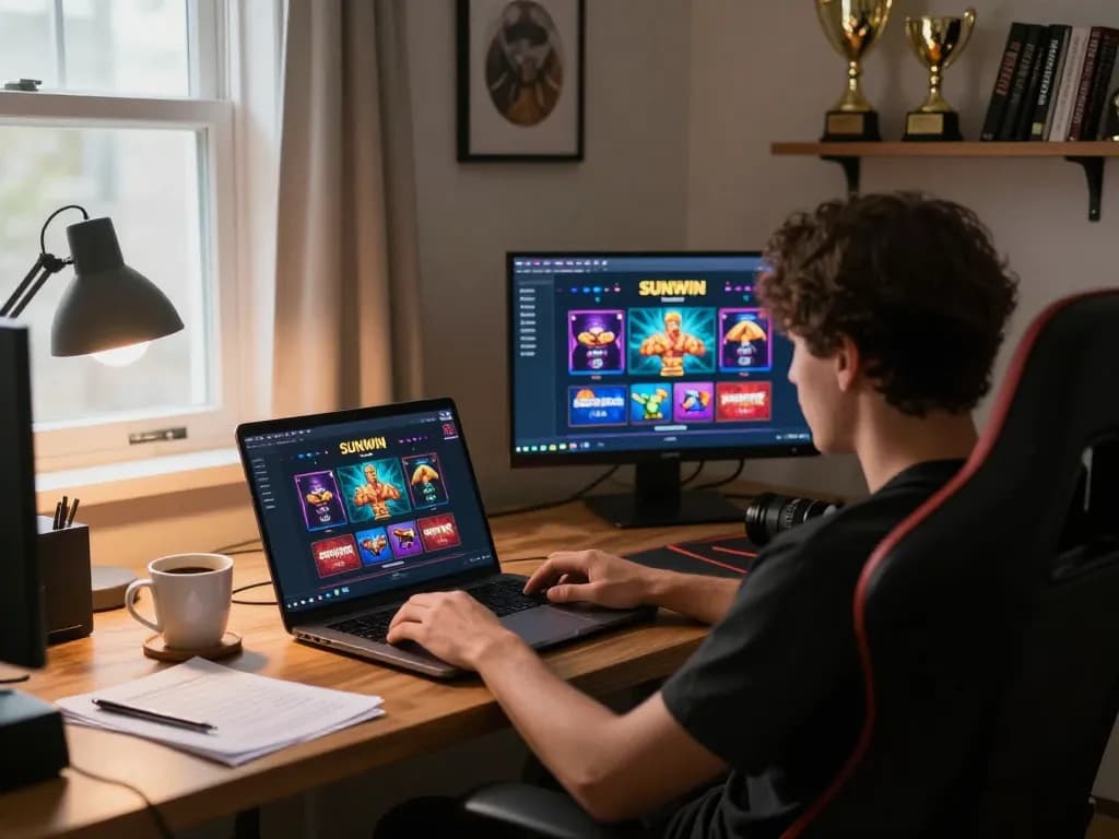SUNWIN player strategizing with online games on laptop in a cozy home environment