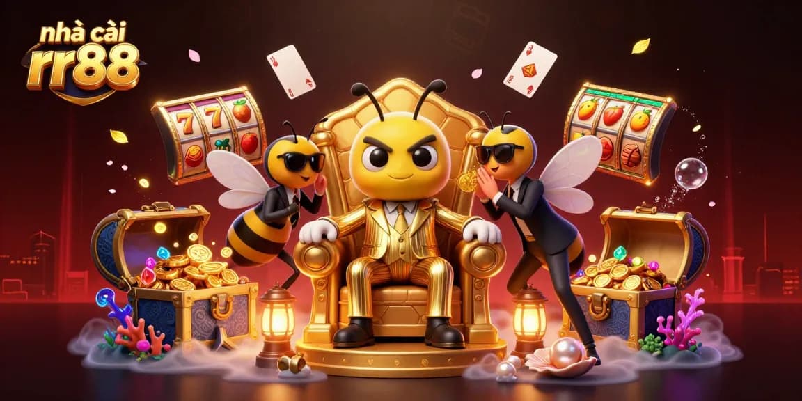 Engaging scene from nhà cái rr88 showcasing vibrant slot reel action surrounded by dynamic cartoon characters
