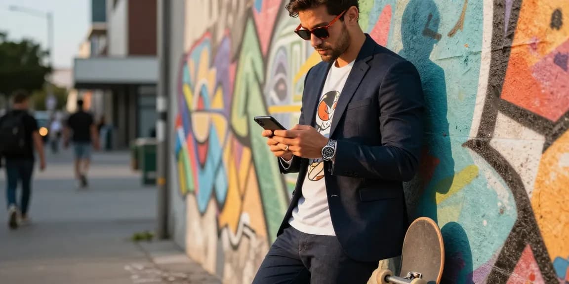 Stylish man in men's fashion outfit against urban street art backdrop.