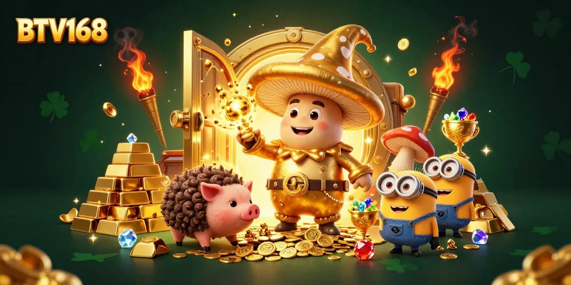 Experience BTV168's magic with a 3D wizard and treasure in a vibrant casino scene.
