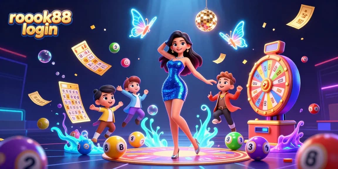 Experience excitement with rokok88 login in an electrifying 3D casino scene filled with vibrant gaming elements.