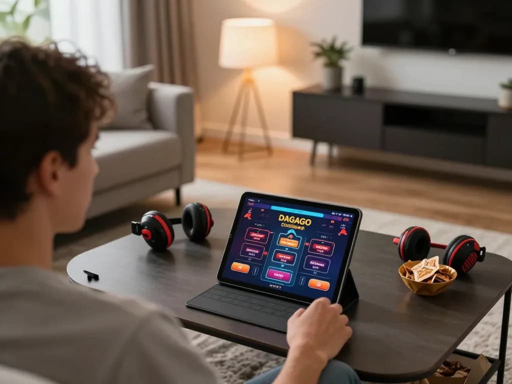 Experience online gambling at dagago through a cozy home gaming setup, showcasing a tablet with casino interface.