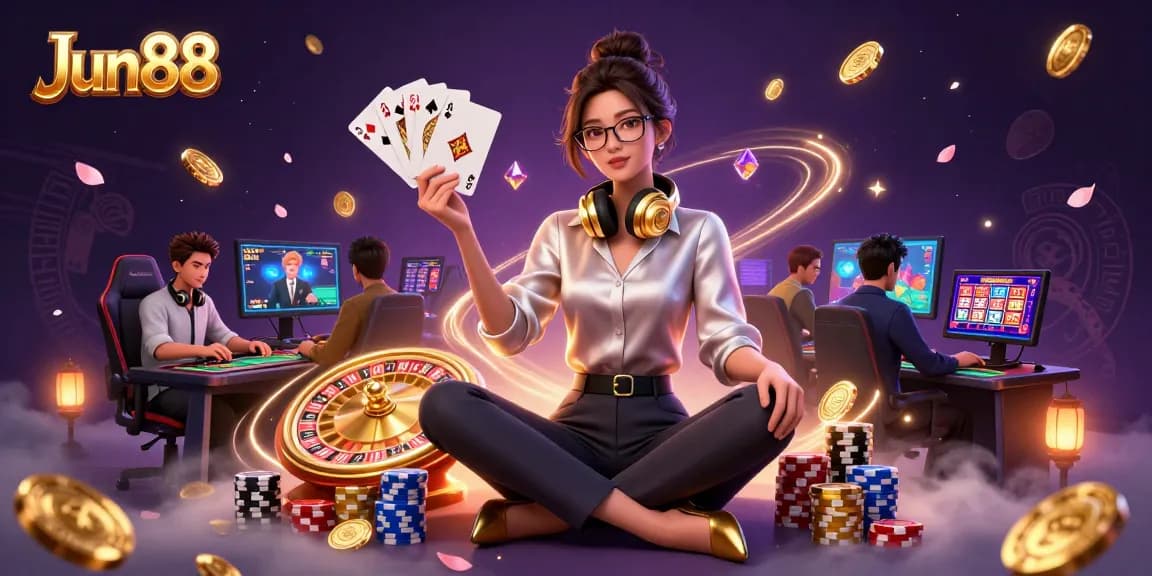Engage with Jun88's exciting casino gaming world featuring a dynamic illustration of gamers and casino elements.