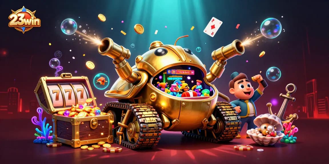 Experience thrilling gameplay with 23win in an animated casino scene featuring a golden tank.