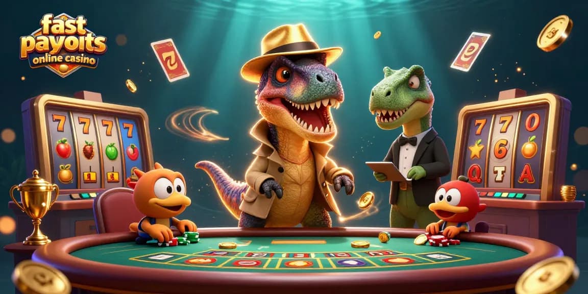 Experience fast payouts online casino scenes with a velociraptor at a blackjack table.