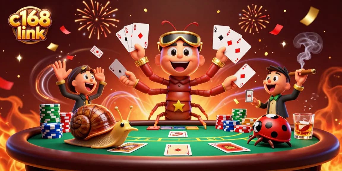 Interact with c168 link, featuring a lively casino scene with a cartoon dealer and colorful chip stacks.