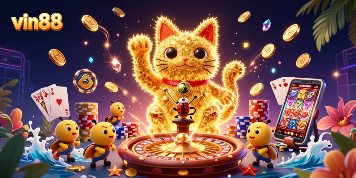 Join the excitement at vin88 with a vibrant 3D illustration featuring a lucky cat and dynamic casino symbols.
