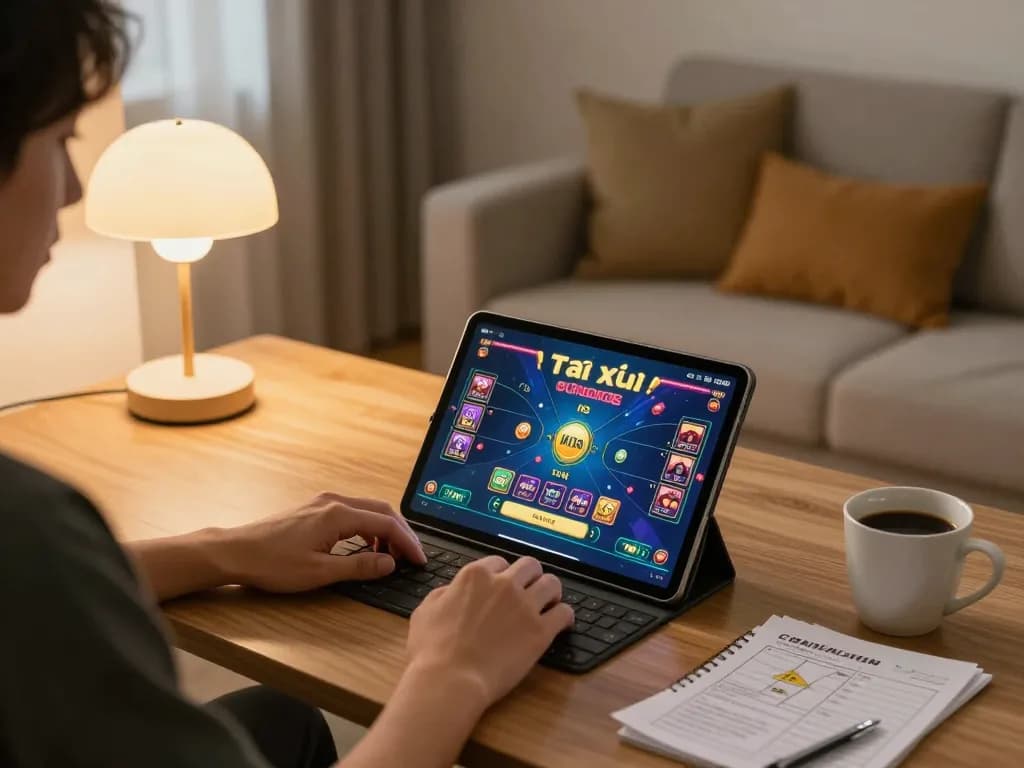 Engaging gameplay of tài xỉu online on a tablet in a cozy home environment, showcasing a player's strategy notes and warm lighting.