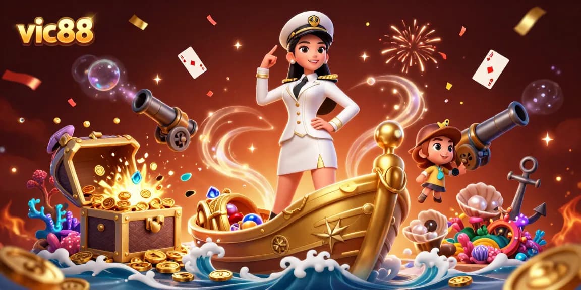 Experience exciting wins at vic88 with vibrant 3D casino illustration featuring elements like gold coins and cards.
