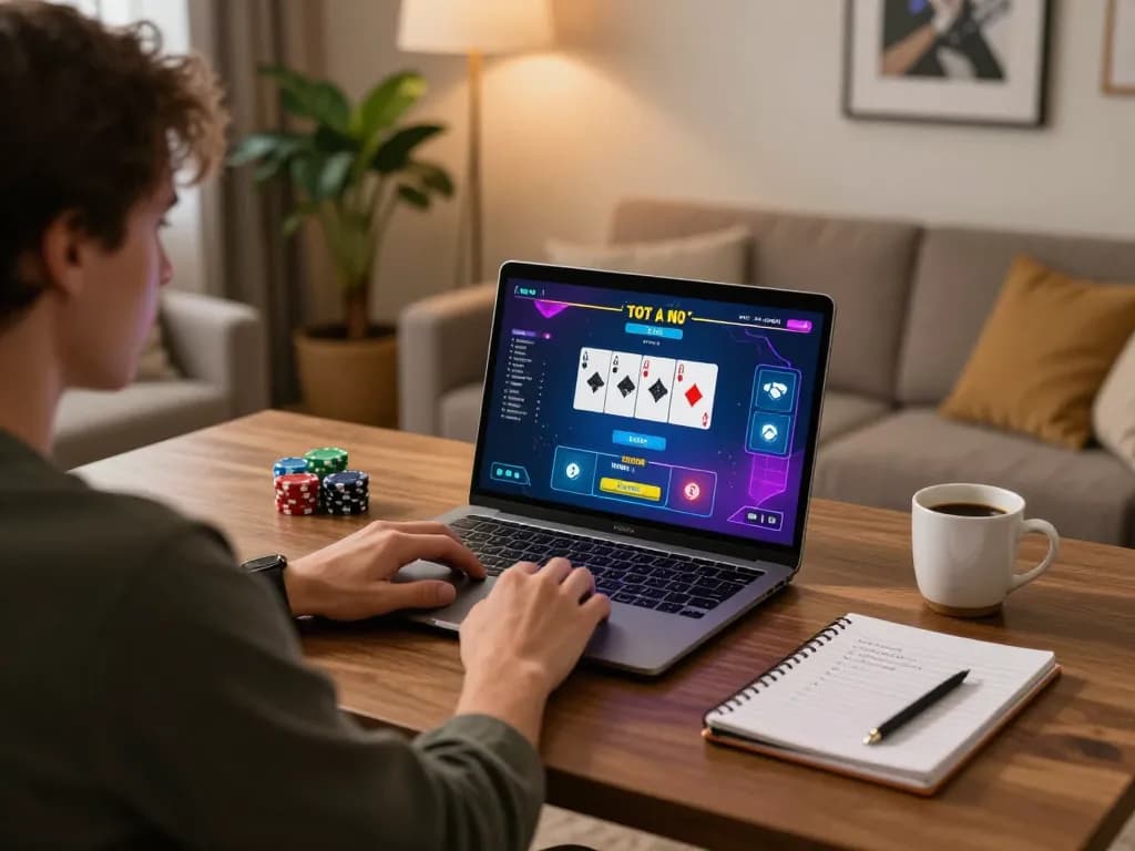 Playing online poker on a laptop while focusing on winning strategies for game bài đổi thưởng uy tín