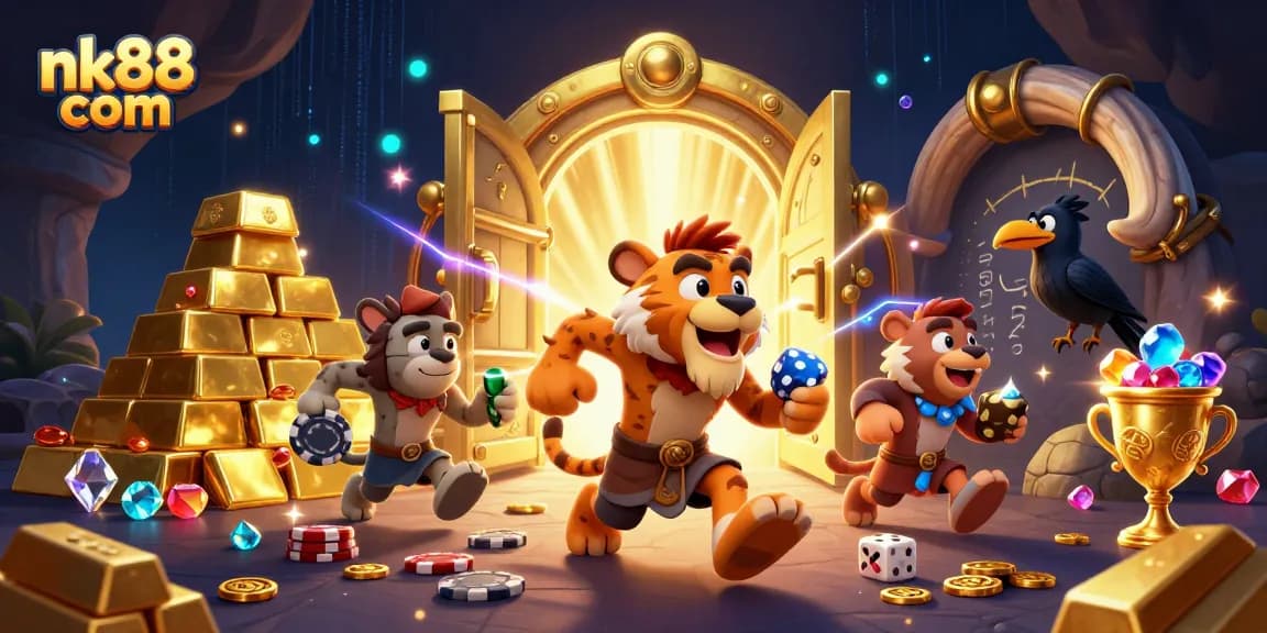 Experience the excitement of nk88 com with a lively prehistoric casino scene full of treasures and games.