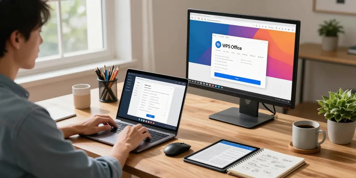 WPS Download in a stylish home office with a laptop and productivity analytics on a second monitor.
