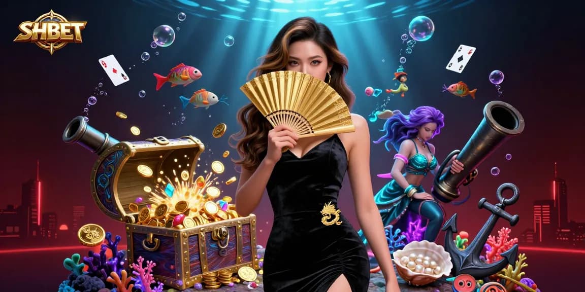 Engage with SHBET's vibrant gaming escape featuring a captivating Asian woman and dynamic casino elements.