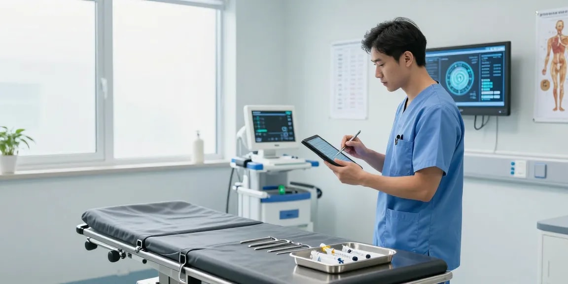 Healthcare professional examining patient data with medical instruments in modern clinic.