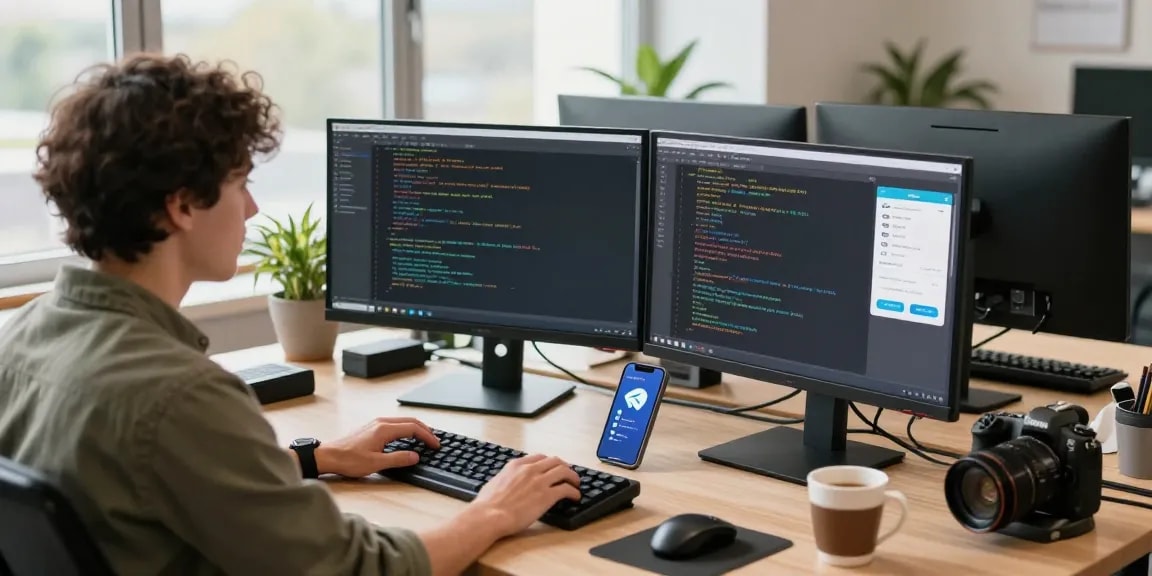 Effective Telegram download guide illustrated in a modern tech workspace with dual monitors and coffee.