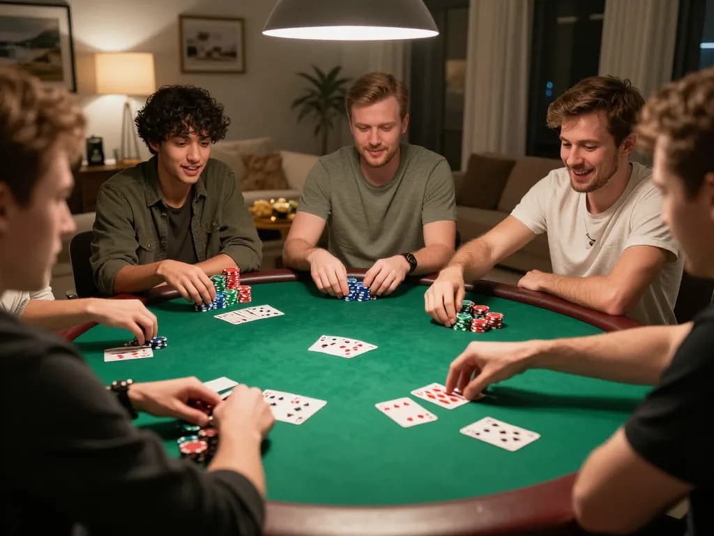 Friends enjoying a lively poker game at home, showcasing strategic moves and camaraderie with vin88 atmosphere.