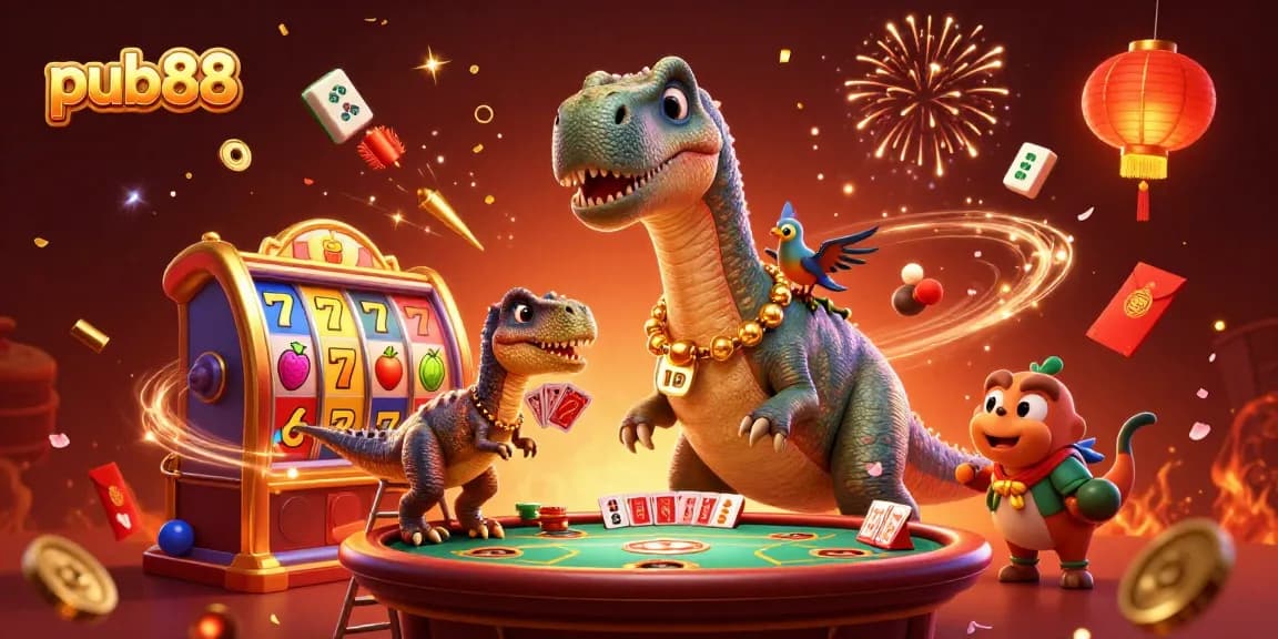 Experience excitement at pub88 with a colorful 3D scene featuring a brontosaurus and raptor in a casino setting.