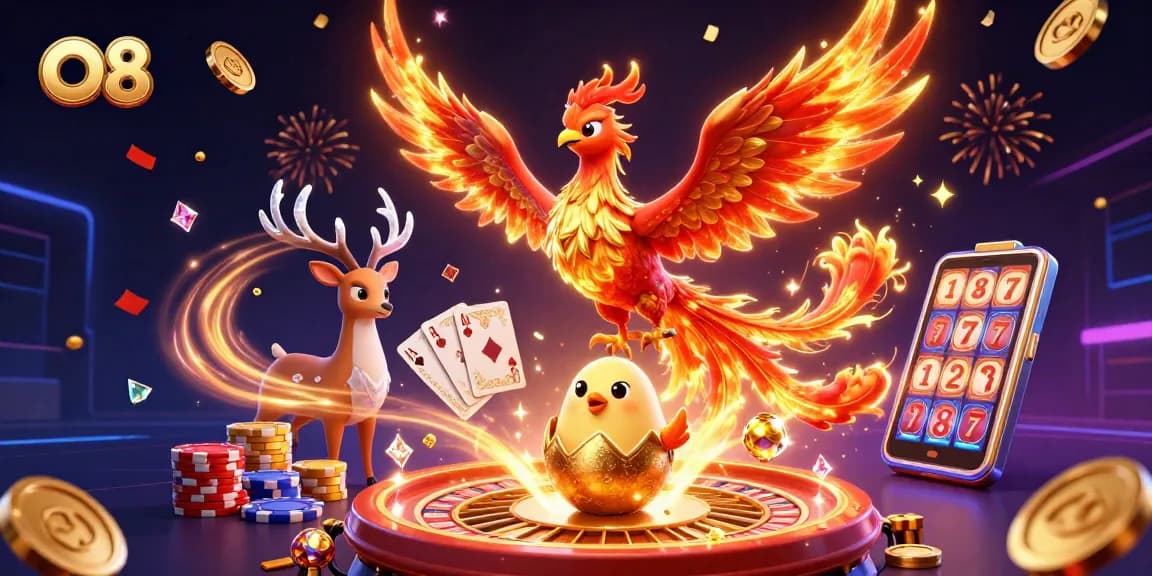Experience the exhilarating O8 gaming world with vibrant phoenix, golden coins, and dynamic casino elements.
