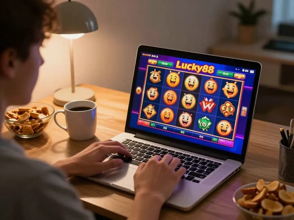 Engaging in Lucky88 online gaming with colorful slots, creating excitement at home.