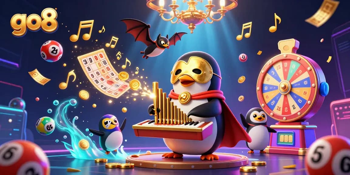 Engage with go8's thrilling casino experience featuring a dynamic 3D scene of a penguin playing an organ surrounded by vibrant lottery elements.