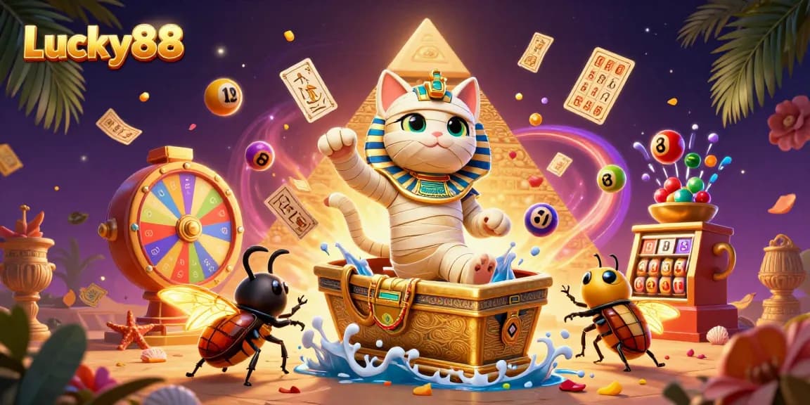 Experience Lucky88 with a vibrant casino illustration featuring a mummy cat and a scarab beetle surrounded by games.