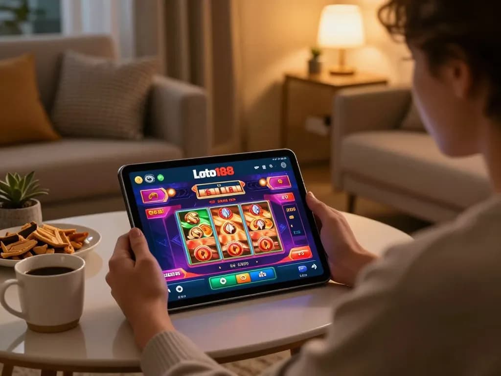 Engaging in loto188 online casino gaming on a tablet in a cozy home environment.