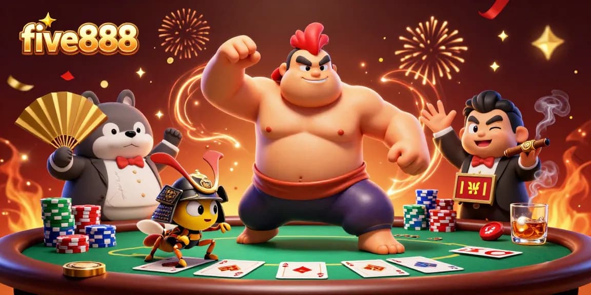 Engage in thrilling gameplay at five888 with a powerful sumo wrestler rooster, fierce samurai cricket, and tanuki announcer amid vibrant poker elements.