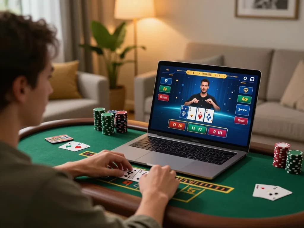 Player engaging in live dealer blackjack at home using Lu 88 online gaming platform, showcasing dynamic gameplay and cozy atmosphere