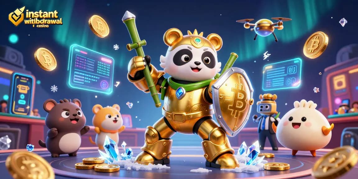 Experience the thrill of an instant withdrawal casino with our animated 3D panda mech battling in a crypto arena.