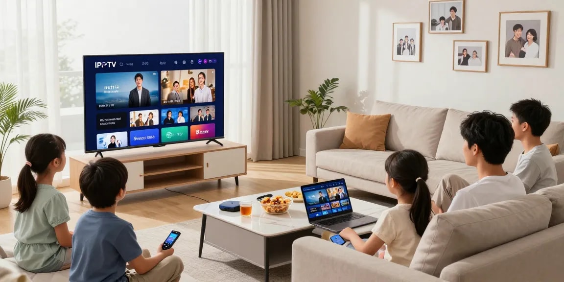 Family enjoying IPTV streaming in a modern living room with Smart TV and cozy atmosphere.