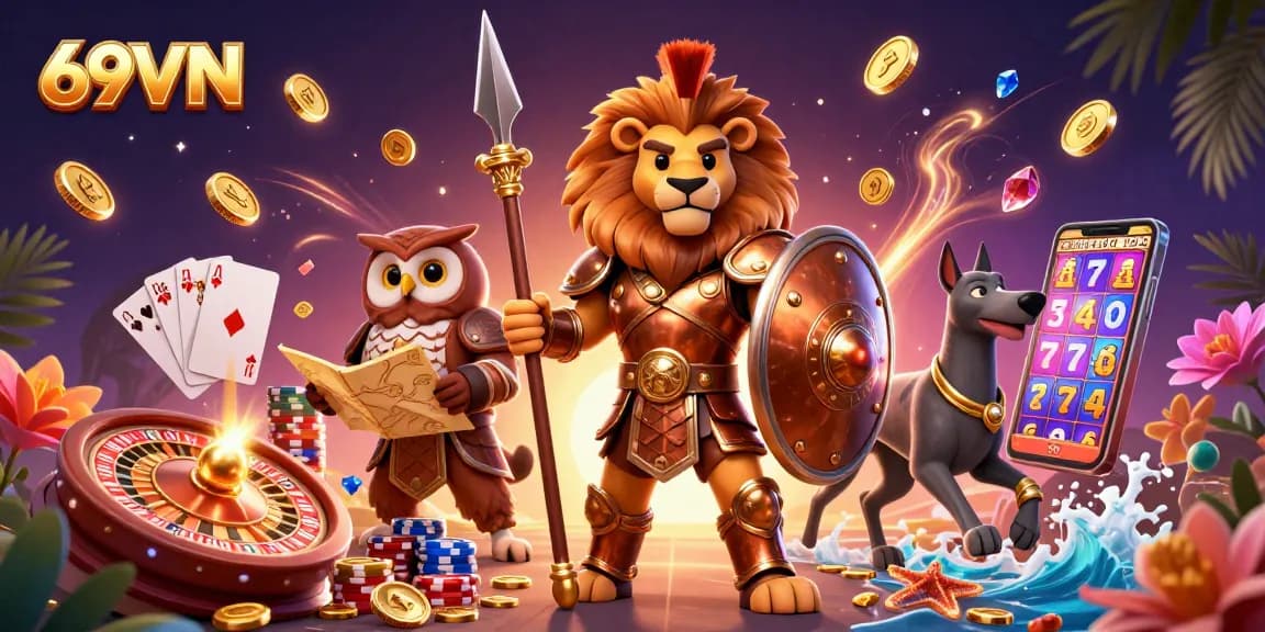 Experience thrilling game action at 69VN with dynamic casino elements and cartoon characters.