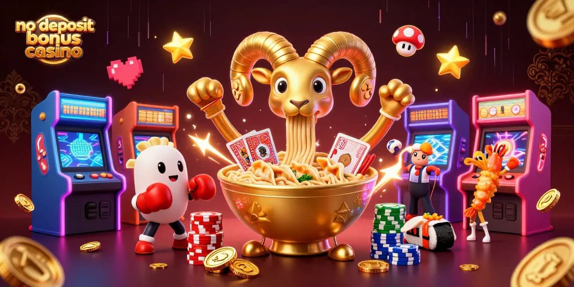 Engage in the vibrant world of no deposit bonus casino featuring a golden ramen bowl and gaming elements.