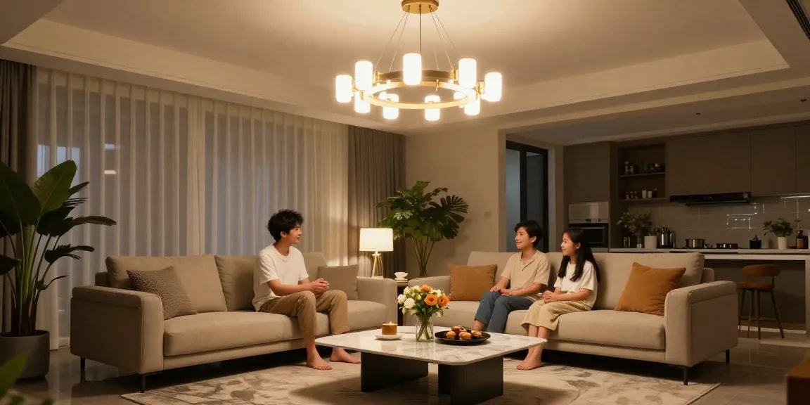Candelabru living elegant, familie bucurându-se de o seară caldă în living cu iluminat LED sofisticat.