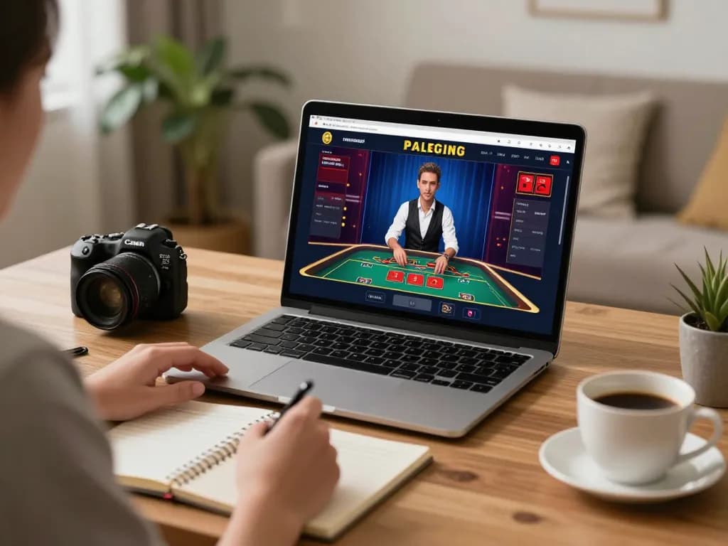 Tic88 casino live dealer gaming setup at home with strategic notes and laptop