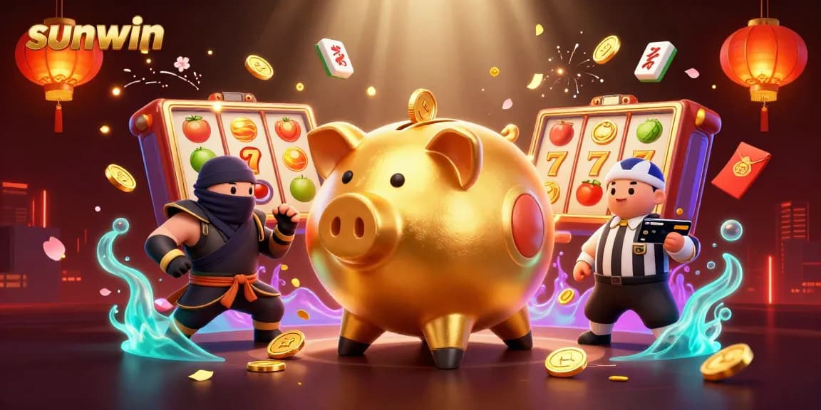 Engage with sunwin's thrilling slot action featuring a sumo wrestler, ninja, and samurai amidst vibrant gaming elements.