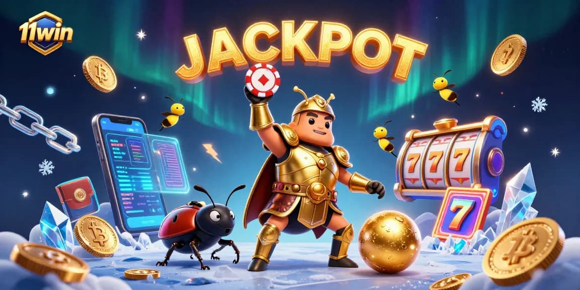 Engage in 11win's thrilling gameplay with a victorious hercules beetle amidst flashing crypto currencies and jackpot reels.