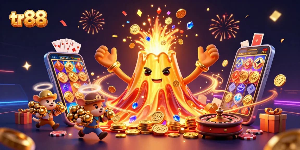Experience the excitement of tr88 with vibrant casino elements and a golden volcano erupting treasure.