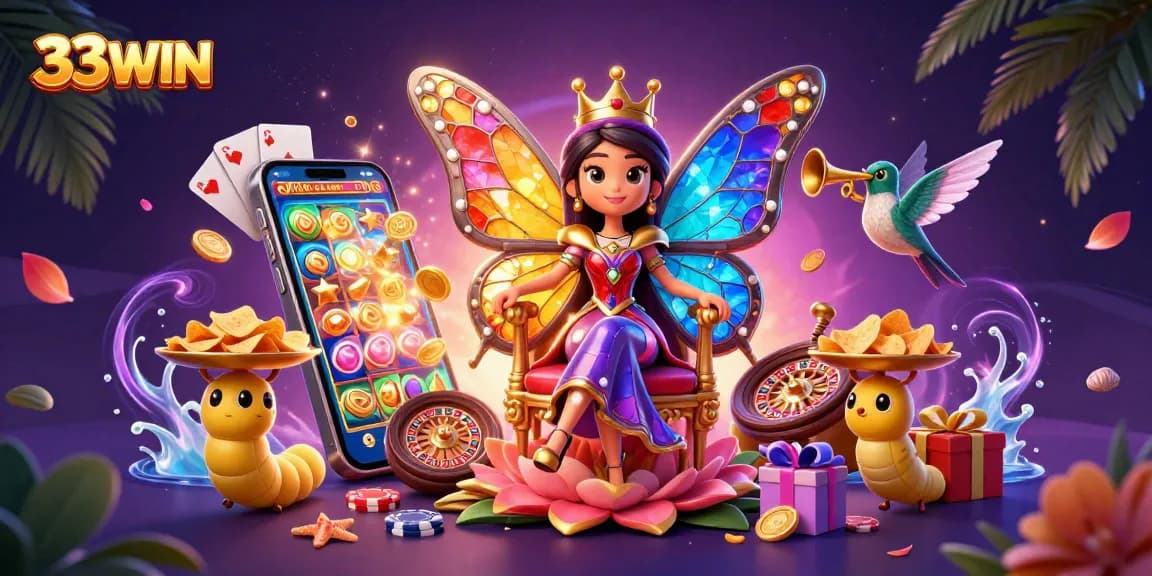 Engage with 33WIN's dynamic gaming scene featuring vibrant characters and exciting casino elements.