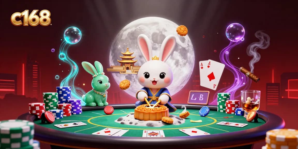 c168 showcases a moon rabbit revealing poker chips in a vibrant 3D casino scene.