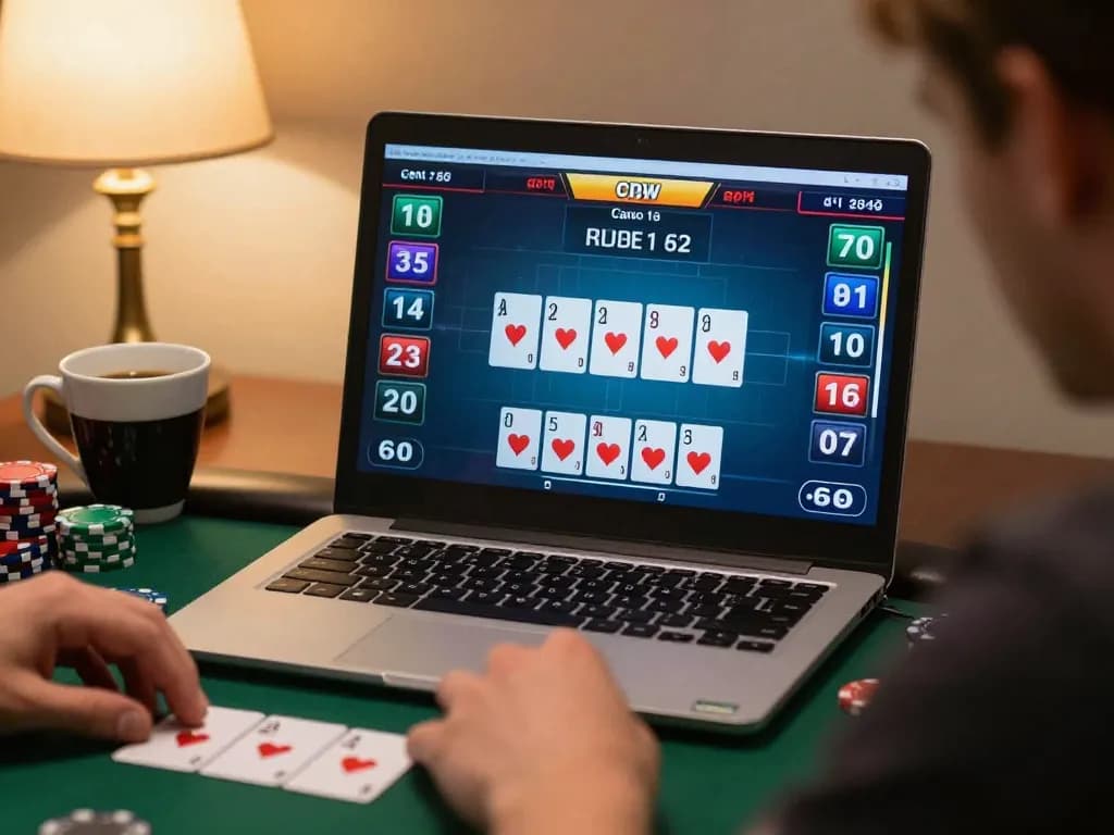 Engaging online poker moment on 888bgo, showcasing strategic gameplay and cozy home setting.