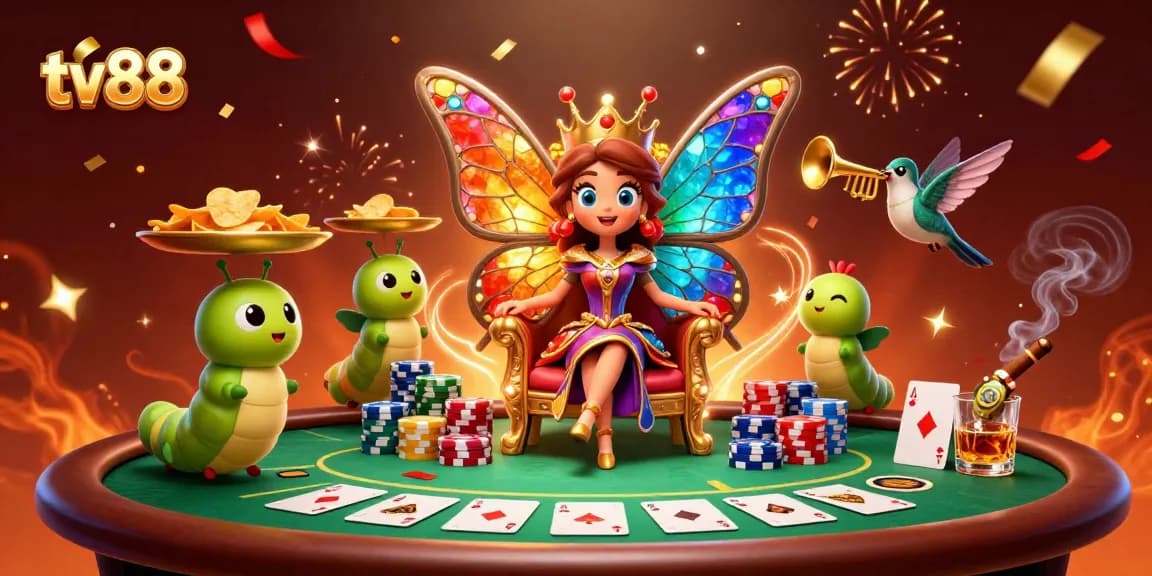 Experience thrilling poker action with tv88 symbolized by whimsical characters in a vibrant casino scene.