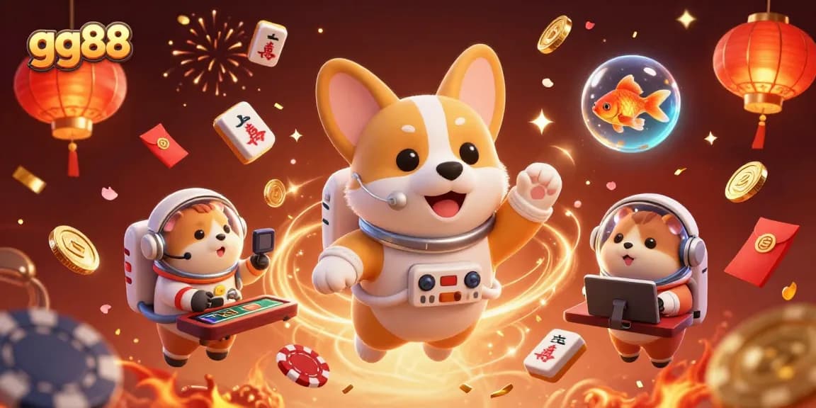 gg88 celebrates with a 3D casino scene showcasing vibrant corgi, hamster, and goldfish in action.