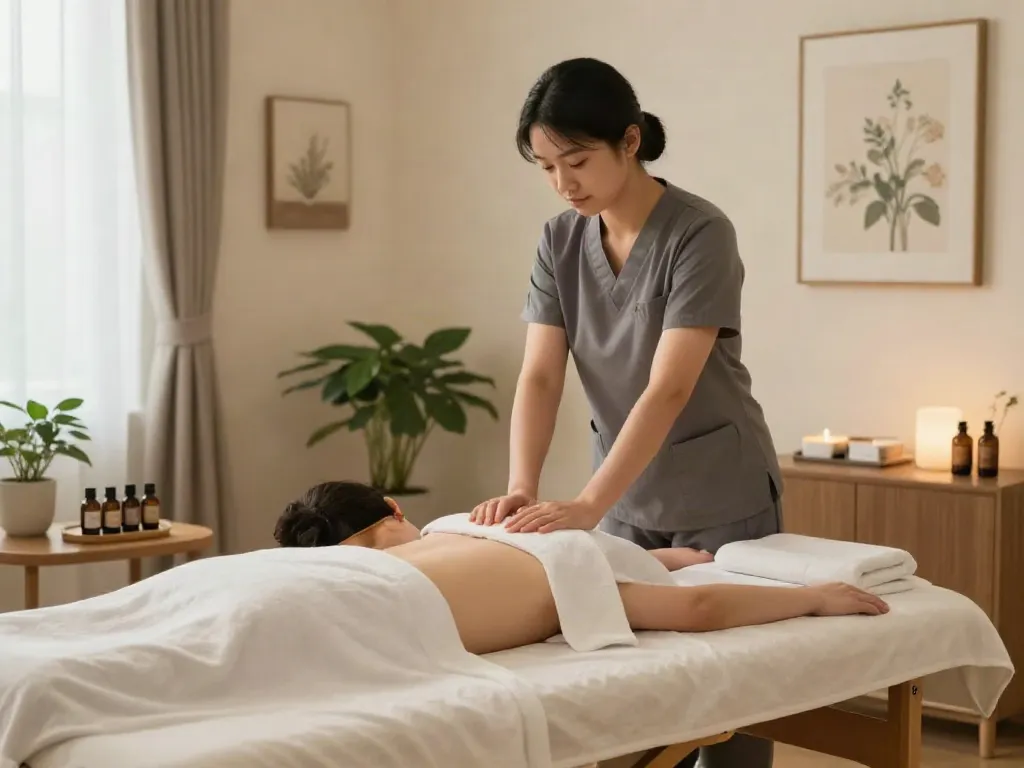 Relaxing 군포출장안마 session in a tranquil home environment with ambient lighting and professional massage therapist.