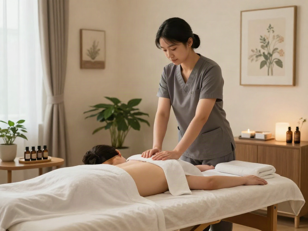Relaxing 군포출장안마 session in a tranquil home environment with ambient lighting and professional massage therapist.