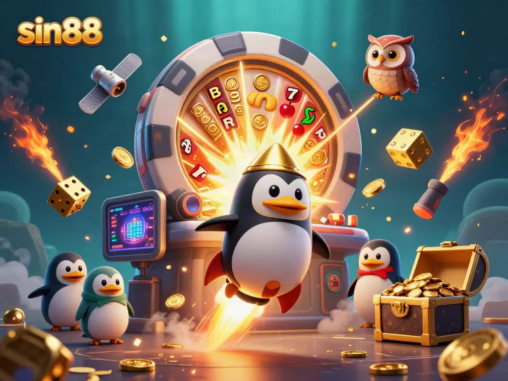 Experience excitement at sin88 as a golden penguin rockets towards a vibrant casino space adventure.