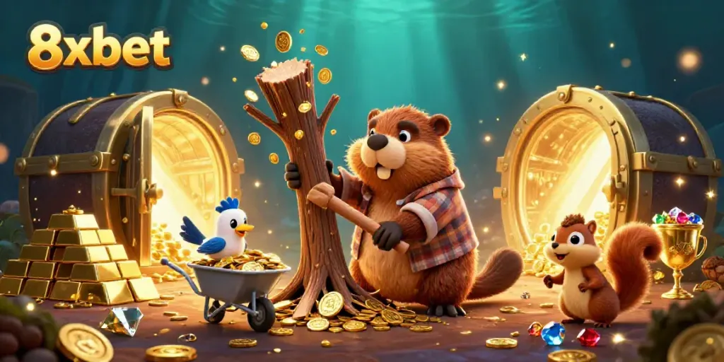 Experience winning with 8xbet as a beaver finds golden coins while a squirrel stacks treasures.