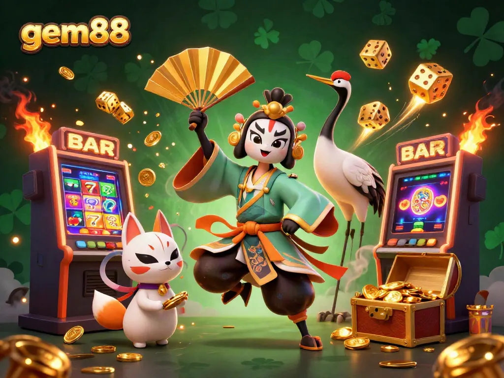 Experience the excitement of gem88 with kabuki warrior and lucky symbols in vibrant casino scene.