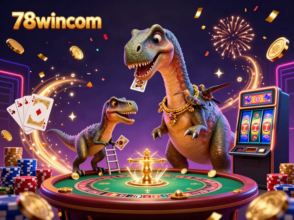 Experience 78wincom's vibrant casino atmosphere with massive characters, golden coins, and spinning roulette!