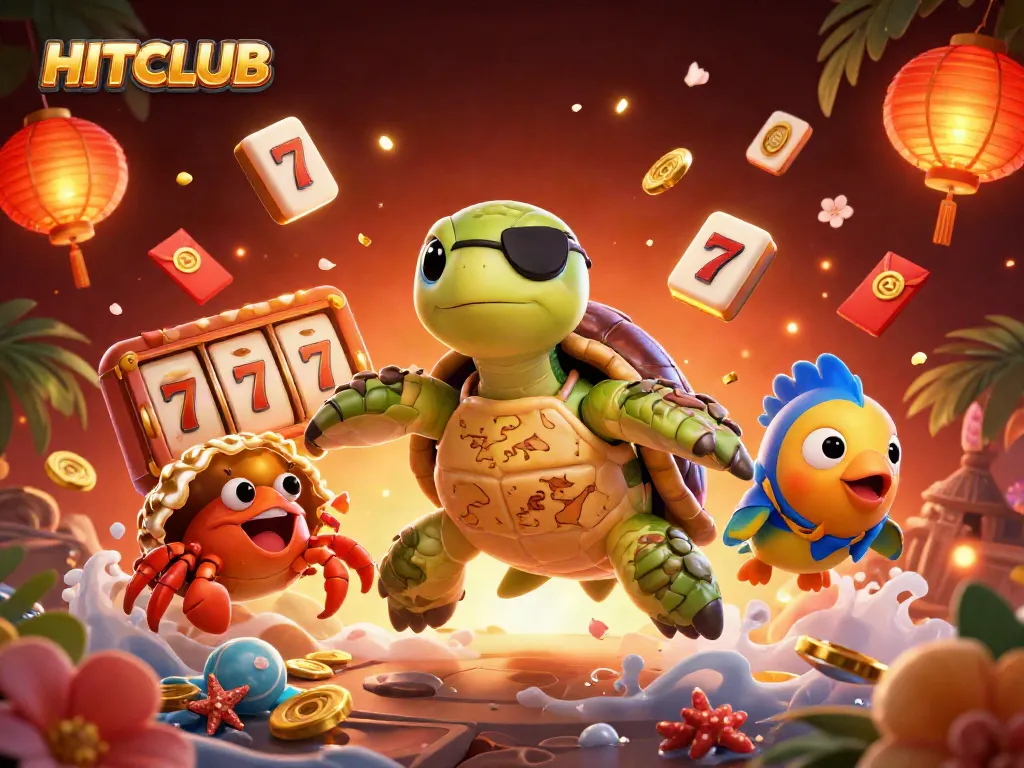 Engage in thrilling gaming experiences with HITCLUB's vibrant casino-themed illustration showcasing slot reels and treasures.